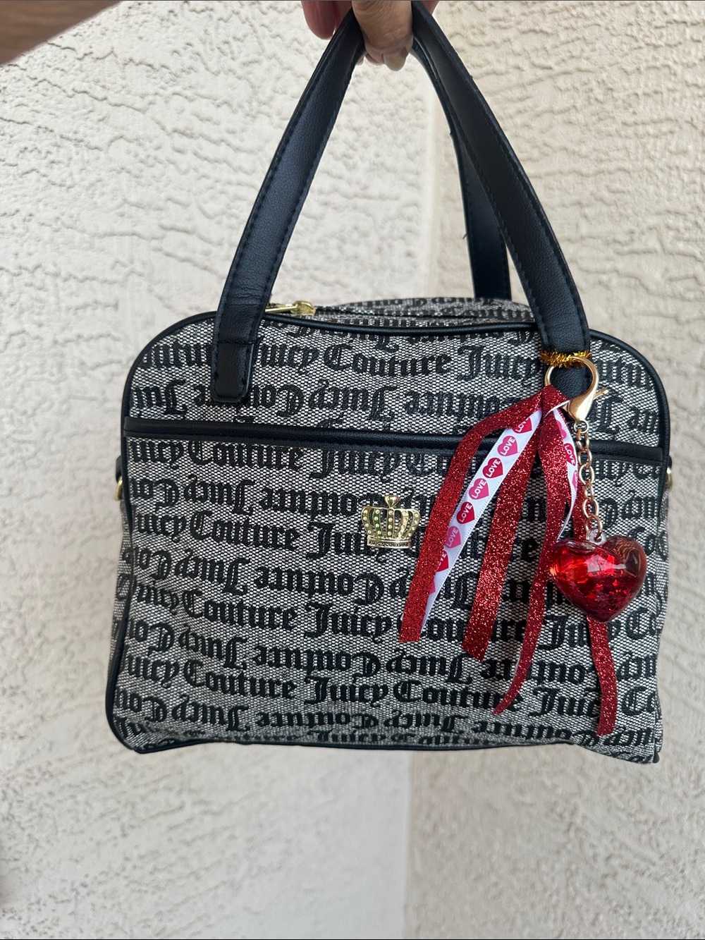 Juicy Couture Gothic Logo Print Satchel With Shaker Heart Bag Charm